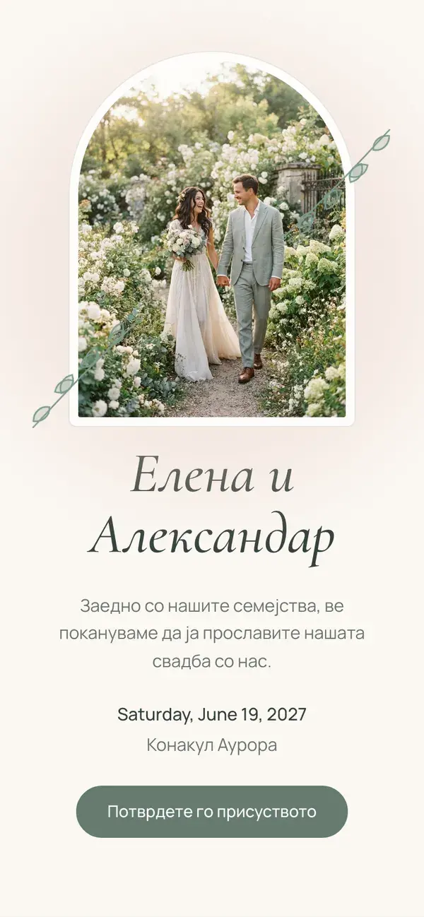Страница на свадбата во Stellanza, дизајн „Botanical“, на телефон