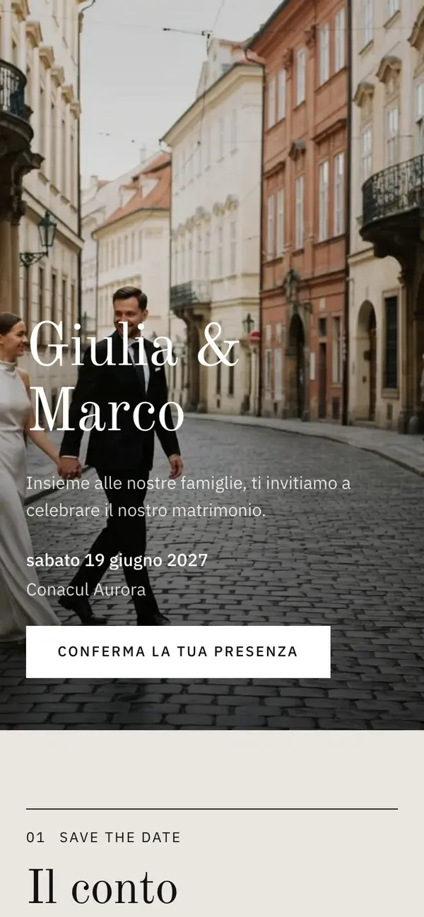 Sito del matrimonio Stellanza, modello Editorial, su un telefono