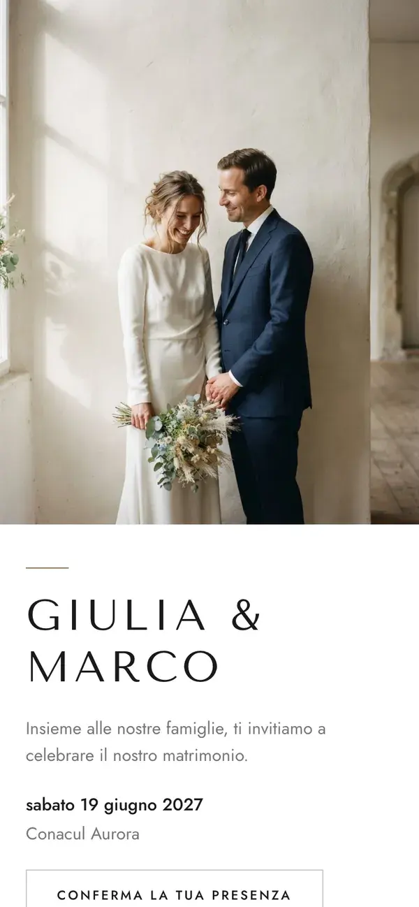 Sito del matrimonio Stellanza, modello Minimal, su un telefono